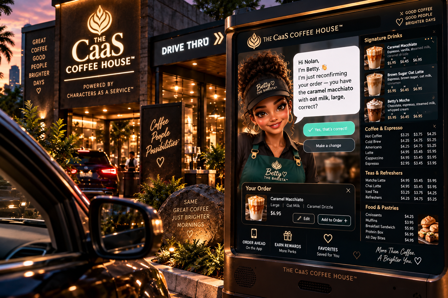 Betty on the CaaS Coffee House drive-thru screen confirming a guest's order