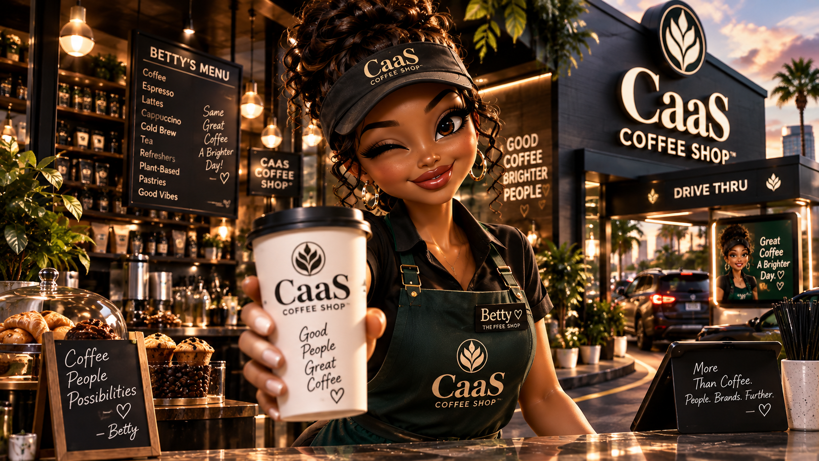 Betty handing a coffee over at the drive-thru