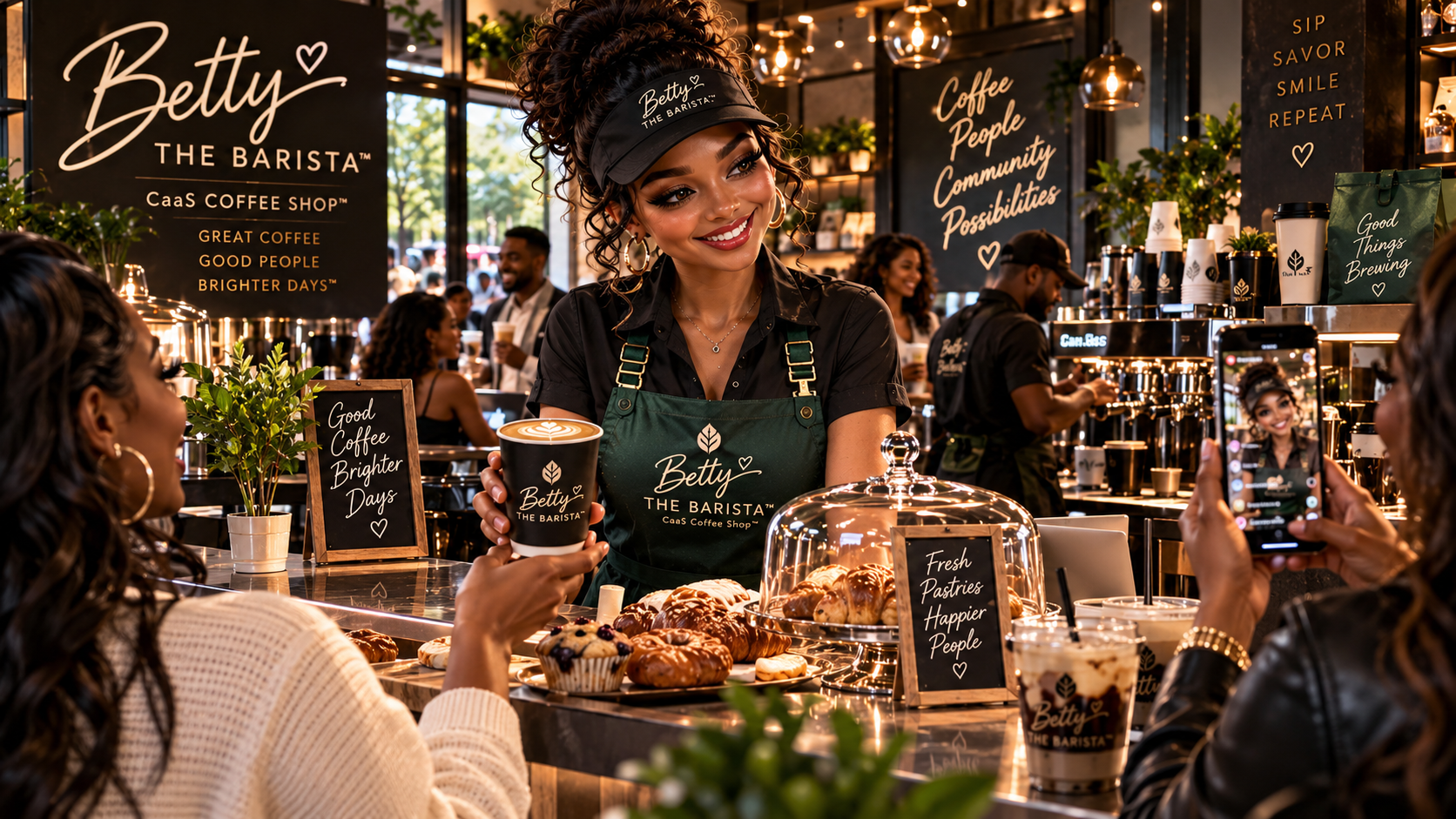 Guests filming Betty at the counter for social media